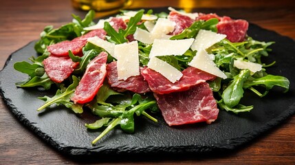 Regular view of Bresaola salad arugula shaved Parmesan olive oil dressing presented on a black stone platter Lean cured beef specialty from Lombardy Italy cut out on isolated transparent background