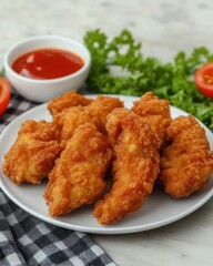 Overhead shot of crispy fried chicken tenders served with ketchup on white plate with parsley and tomato garnish