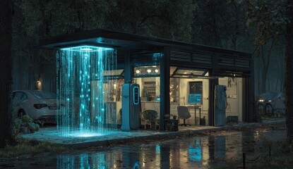 Futuristic electric car charging station at night, surrounded by trees, with a glowing waterfall