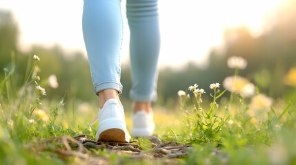 Woman Walking in a Field of Daisies