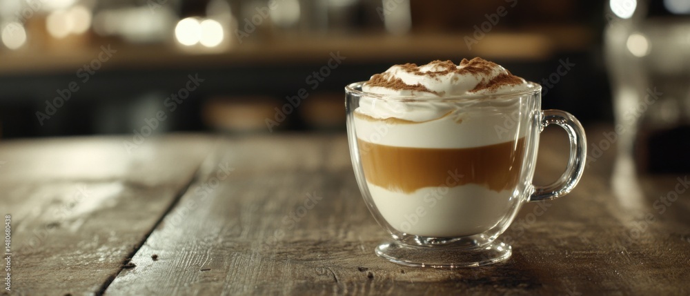 Poster delicious layered latte with whipped cream and cocoa powder in a glass cup on a rustic wooden table 