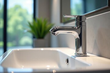 Modern bathroom faucet with sleek chrome finish, close-up detail , reflection, hot