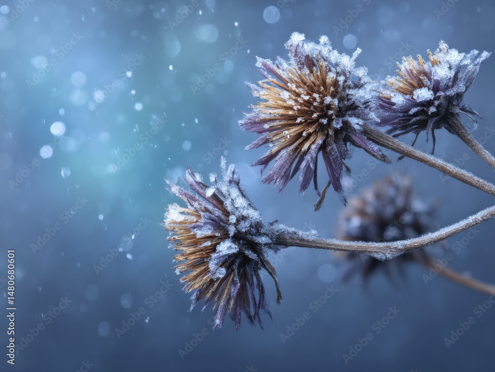 Poster frozen thistle heads in winter snowfall close up macro shot with bokeh background in cold blue tones