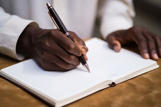 Man writes on empty notebook page with pen sitting at table in room closeup. Student hands with writing tool on blank organizer at wooden desk. Marking notes about creative ideas concept