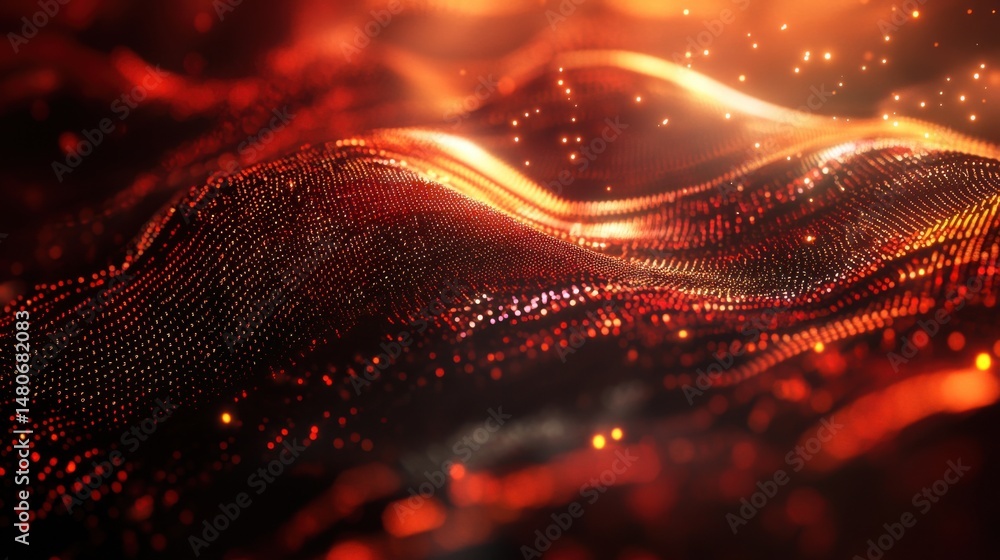 Poster abstract glowing red data stream flowing in waves close up macro shot artificial intelligence concep