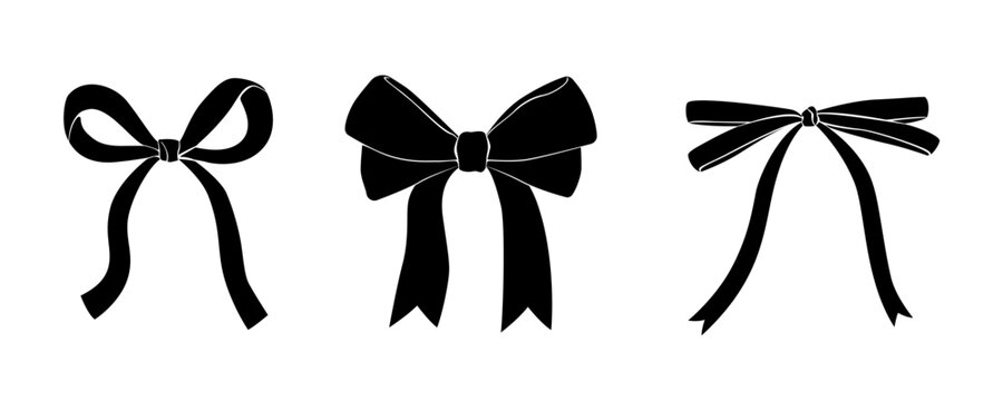 Elegant bows silhouettes isolated. Black and white clip art. Vector illustration.