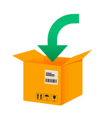 Cardboard box with an arrow inside. Order loading. E-commerce vector flat cartoon illustration isolated on transparent. 