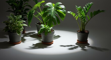 Fototapeta premium Green Houseplants in Grey Pots Under Spotlight