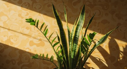 Snake Plant in Sunlight Against Yellow Wall