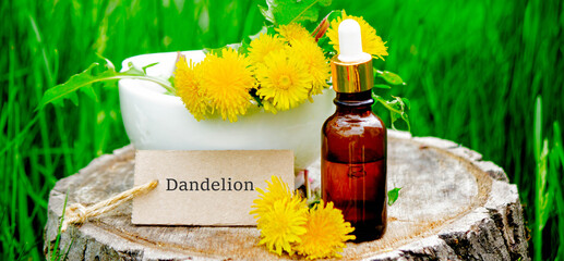 Essential oil or extract of dandelion on a wooden stump. Nature © Anna