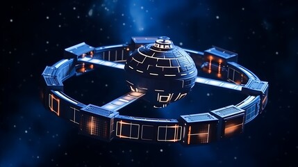 A futuristic space station model with rotating modules and glowing lights, highlighted by ambient lighting, on a solid dark blue backdrop.