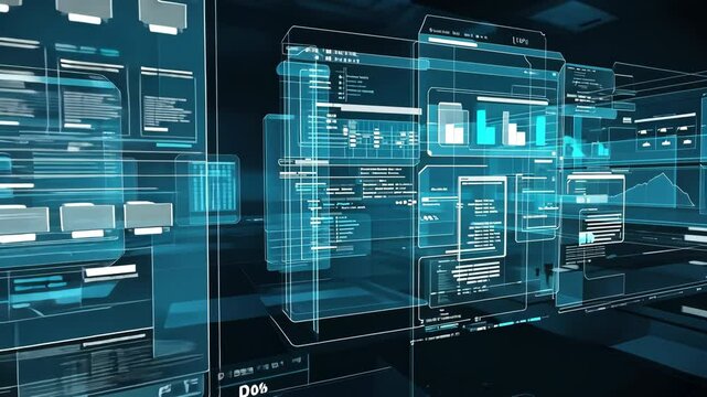 futuristic holographic interface of a file manager, folder structure with documents and data scanning motion video - Powered by Adobe