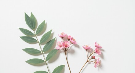 Obraz premium Pink Flowers and Green Leaves on White Background