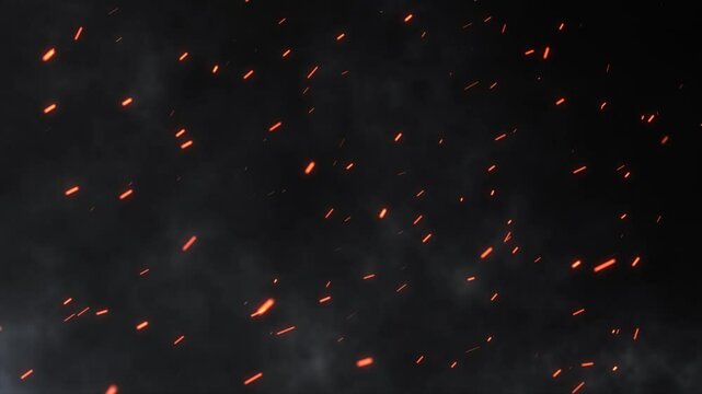 Glowing fire sparks flying up with smoke and haze. Abstract fire particles flowing fast with the wind. Burning ashes and embers. Bonfire, hot fire flakes on a night sky. Natural disaster, flames. 4k.