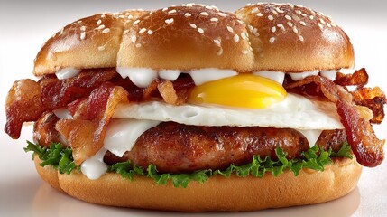 Gourmet Breakfast Sandwich with Egg, Sausage, and Bacon – Studio Shot on Neutral Gray for Food Design Projects