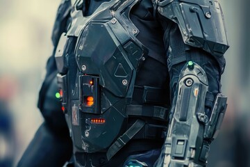 Fototapeta premium Futuristic armored suit, dark, detailed, glowing lights.