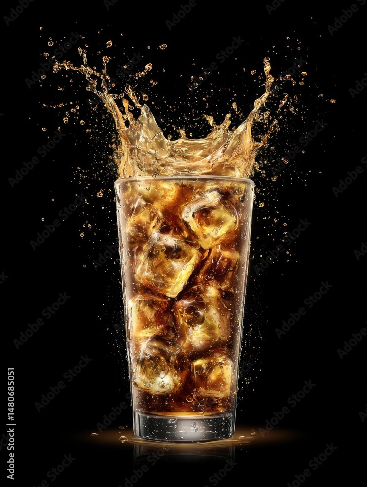 Poster refreshing cola drink with ice cubes splashing in a glass on black background studio shot close up v