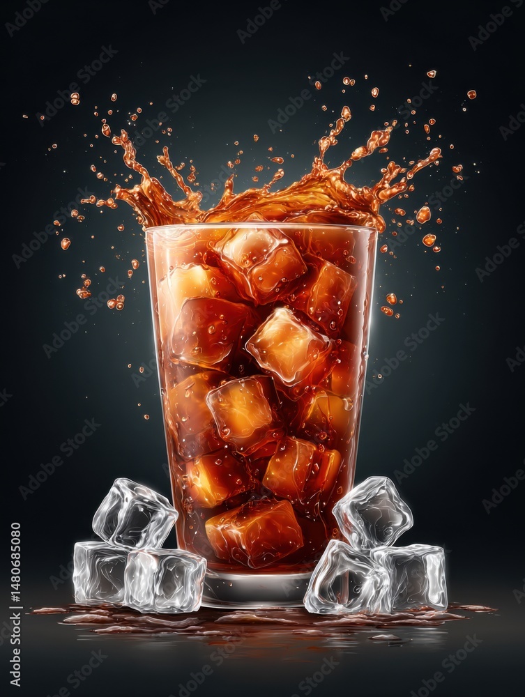 Aufkleber refreshing cola drink with ice cubes splashing close up studio shot on dark background