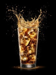 Refreshing cola drink with ice cubes splashing in a glass on black background studio shot close up view