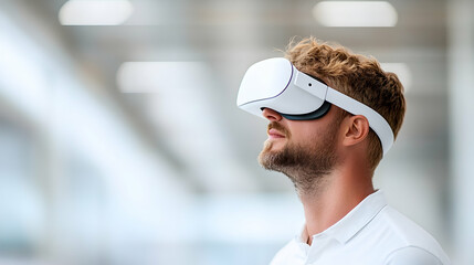 Man Using a White VR Headset in a Modern Setting