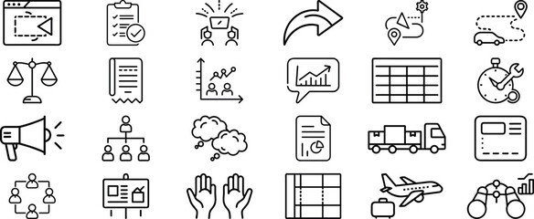 Leadership, Marketing, Currency, Growth, and Success Symbols in a Business and Finance Line Icon Set