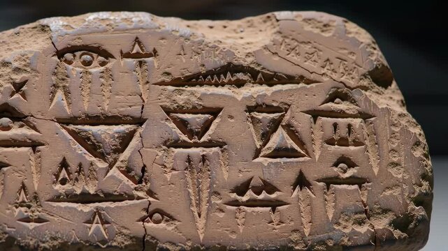 Closeup of Ancient Sumerian Cuneiform Inscriptions Carved into Weathered Clay or Stone Tablet, Wedge Shaped Characters and Symbols Etched, Early Mesopotamian Writing