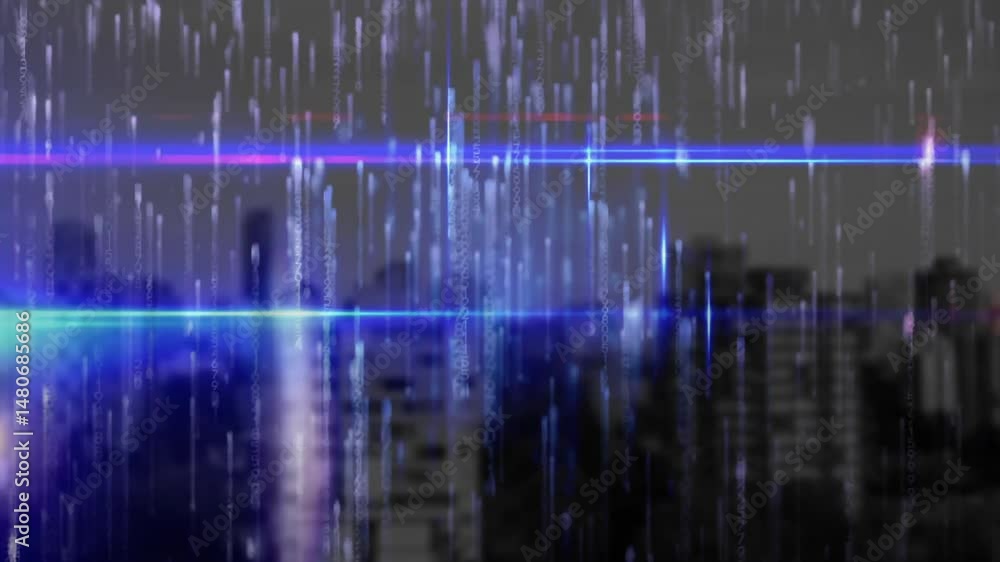 Poster data analysts analyzing urban skyline with cascading code streams and neon glitch lines