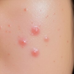 Fototapeta premium A close-up of a patch of skin with several red, inflamed pimples and small bumps. The moist surface of the skin is visible, reflecting light.