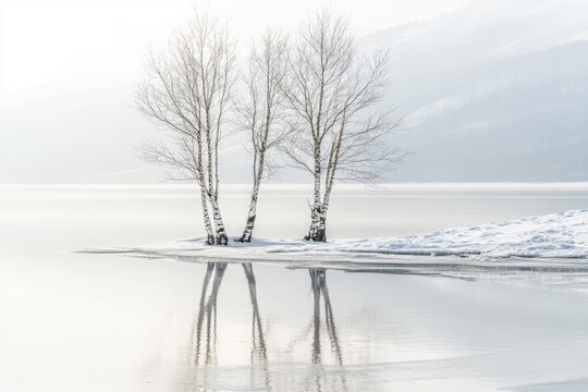 Winter lake scene with trees