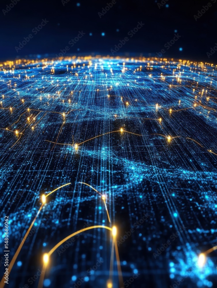 Poster abstract digital world network connection with data flow and communication lines perspective view gl