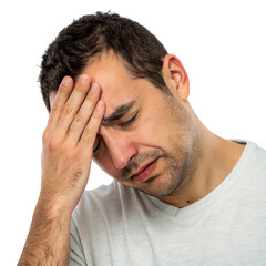 Fototapeta premium Man experiencing intense headache hand on forehead feeling stressed and overwhelmed Black on transparent background
