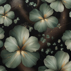 Large greenish-blue flowers with golden accents create a stunning floral pattern on a dark background, perfect for textile design and wallpaper applications