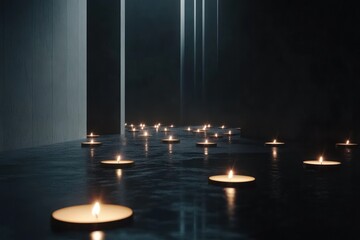 Dark corridor lit by many small candles