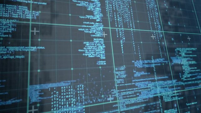 Programmer navigating virtual tech interface, displaying glowing code snippets over teal grid nodes
