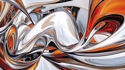 Abstract Swirling Liquid Metal Art Orange White Grey Design Style Fluid Waves Lines Shiny Power