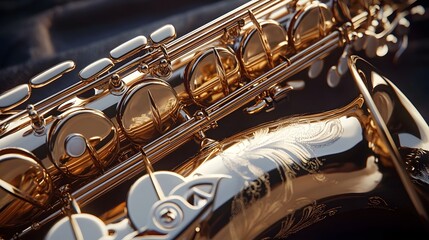 Naklejka premium Close-up view of a polished saxophone's brass keys and body.
