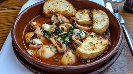 Regular view of Cacciucco Tuscan seafood stew made fish squid shellfish served a rustic bowl with toasted bread Hearty Italian dish from the coast of Tuscany cut out on isolated transparent background