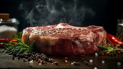 A large, raw beef steak with rosemary and smoke swirling around it on the table, surrounded by spices and vegetables. The focus is sharp on the meat, highlighting its texture and colors against a dark