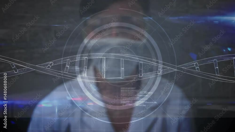 Poster 3d render interface visuals projecting over figure, showing hud circles, grid lines schematic icons
