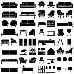 Collection of black silhouette icons depicting various furniture types including sofas, chairs, tables, beds, lamps, and cabinets, arranged in rows on a white background.