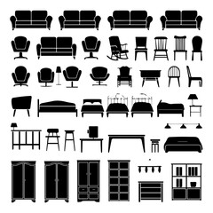 Collection of black silhouette icons depicting various furniture types including sofas, chairs, tables, beds, lamps, and cabinets, arranged in rows on a white background.