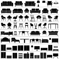 Collection of black silhouette icons depicting various furniture types including sofas, chairs, tables, beds, lamps, and cabinets, arranged in rows on a white background.