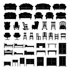 Collection of black silhouette icons depicting various furniture types including sofas, chairs, tables, beds, lamps, and cabinets, arranged in rows on a white background.