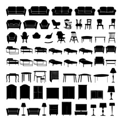 Collection of black silhouette icons depicting various furniture types including sofas, chairs, tables, beds, lamps, and cabinets, arranged in rows on a white background.