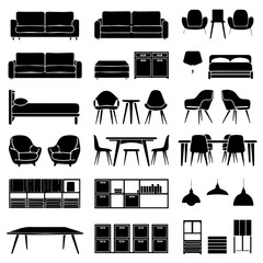Collection of black silhouette icons depicting various furniture types including sofas, chairs, tables, beds, lamps, and cabinets, arranged in rows on a white background.