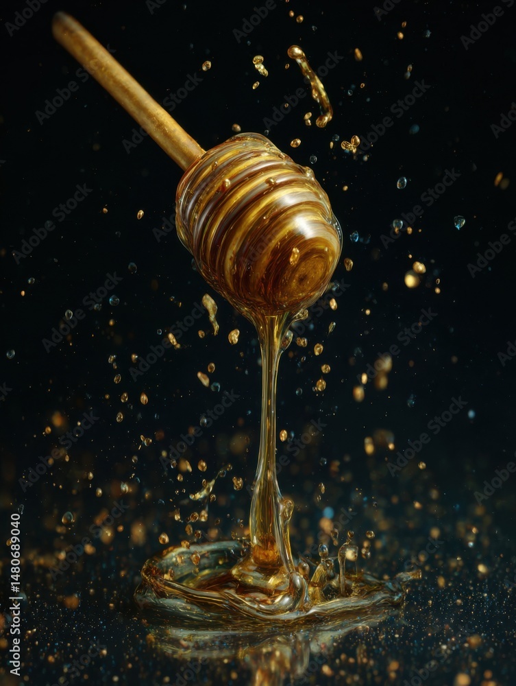 Poster honey dripping from dipper in studio shot with dark background and golden splash creating abstract l