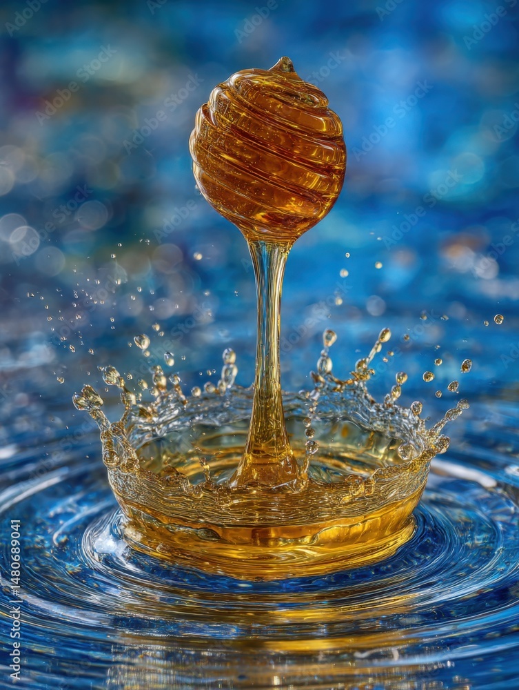 Aufkleber honey dipper dropping liquid into water creating splash crown macro shot with blue bokeh background