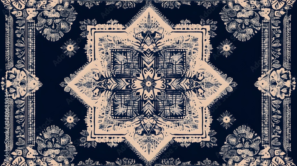 Poster detailed symmetrical design featuring intricate patterns on a dark background.