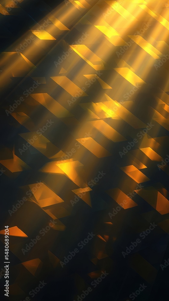 Poster abstract gold geometric shapes and light rays background vertical perspective for graphic design and