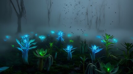 Alien Bioluminescent Forest in Fog
